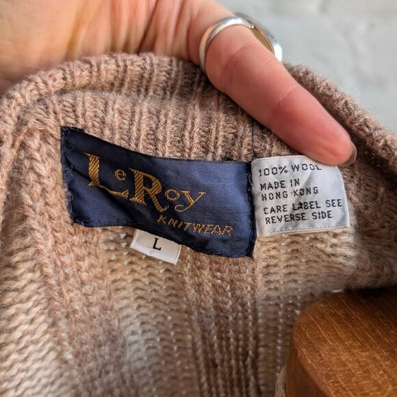 Vintage Wool Neutral Knit Cardigan Zipper Chunky Stripe Sweater Cozy Shacket - Picture 7 of 8